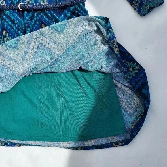 NWT Lily Rose Dress Teal/ Tan/Blue Mini Dress Medium - Picture 5 of 11